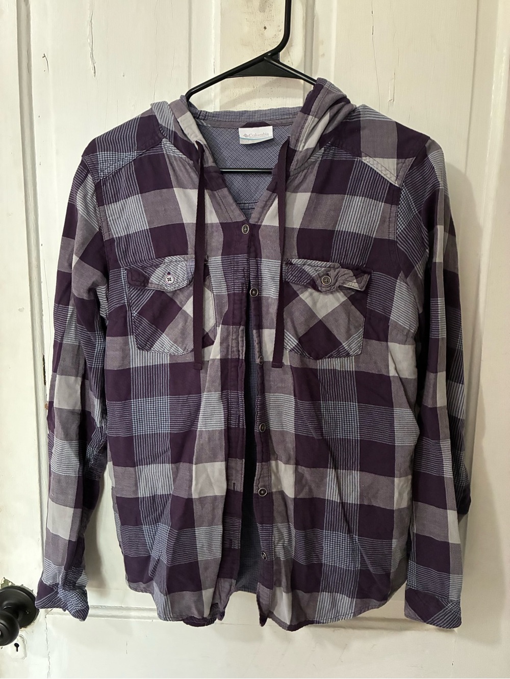 Columbia Purple and Gray Plaid Hooded Button Shirt